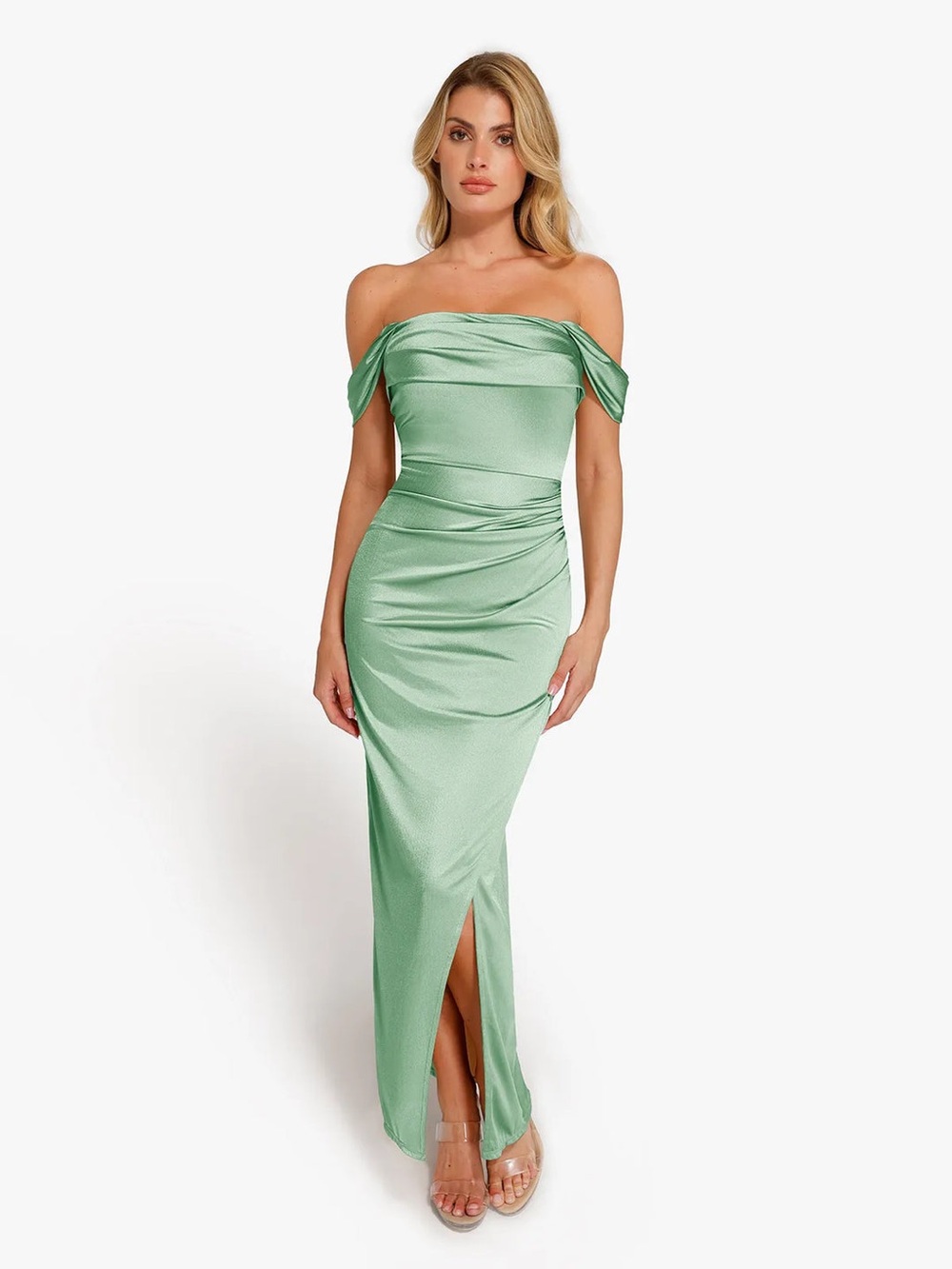 Liquid Metallic Fabric Off Shoulder Shine Ruched Sculpting Maxi Shapewear Dress